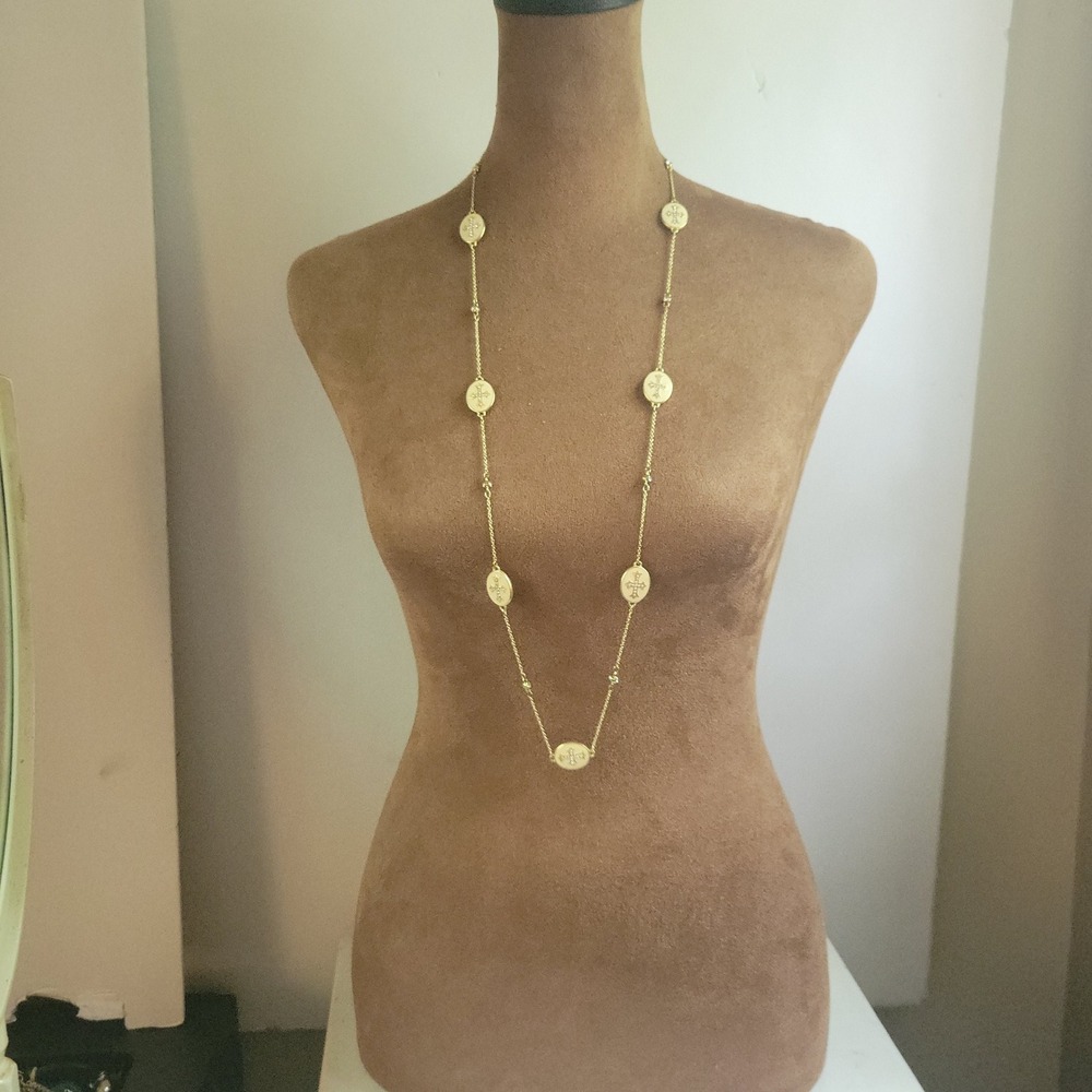 Gold Tone Enamel Rhinestone Cross Station Long Necklace 36 Inch Cottagecore